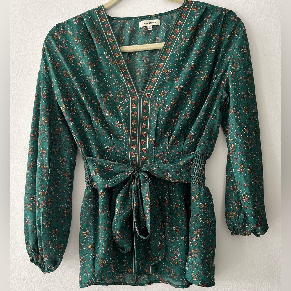 Max Studio Women's Crepe 3/4 Sleeve Tie Front Blouse Size XS